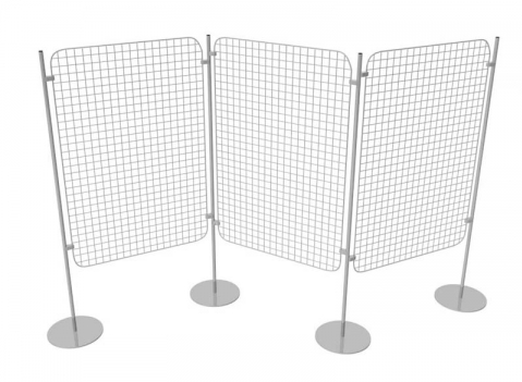 Composizione autoportante di 3 griglie espositive con basi tonde